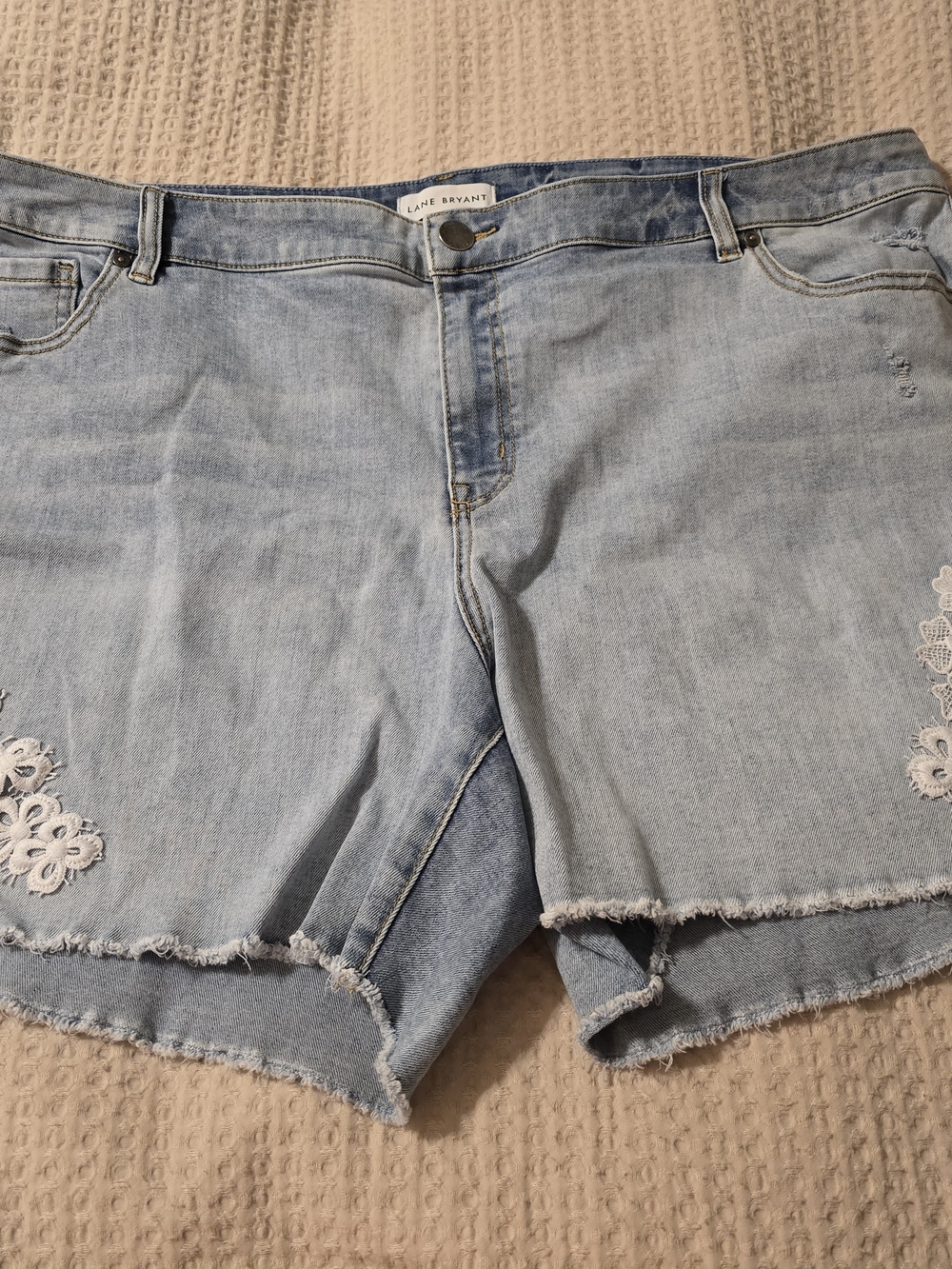 Lane Bryant Light Wash Denim Shorts with White Lace Appliqué